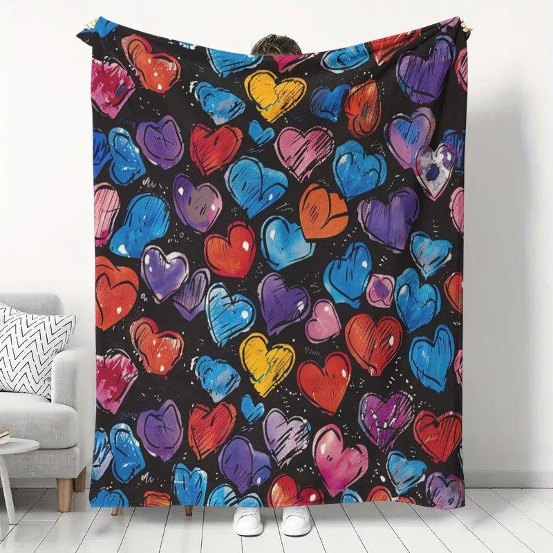 1pc Graffiti Heart Flannel Blanket, Trendy Cool Street Style Colorful Heart Print Throw Blanket for Bedroom, Living Room, Sofa, or Napping, Autumn/Win