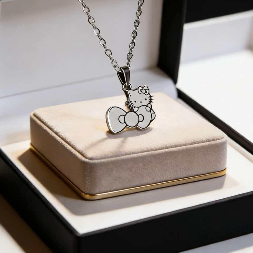 Creative Cartoon Kitty Bow Set: Colorfast Necklace & Earrings - Childlike Best Friend Accessories