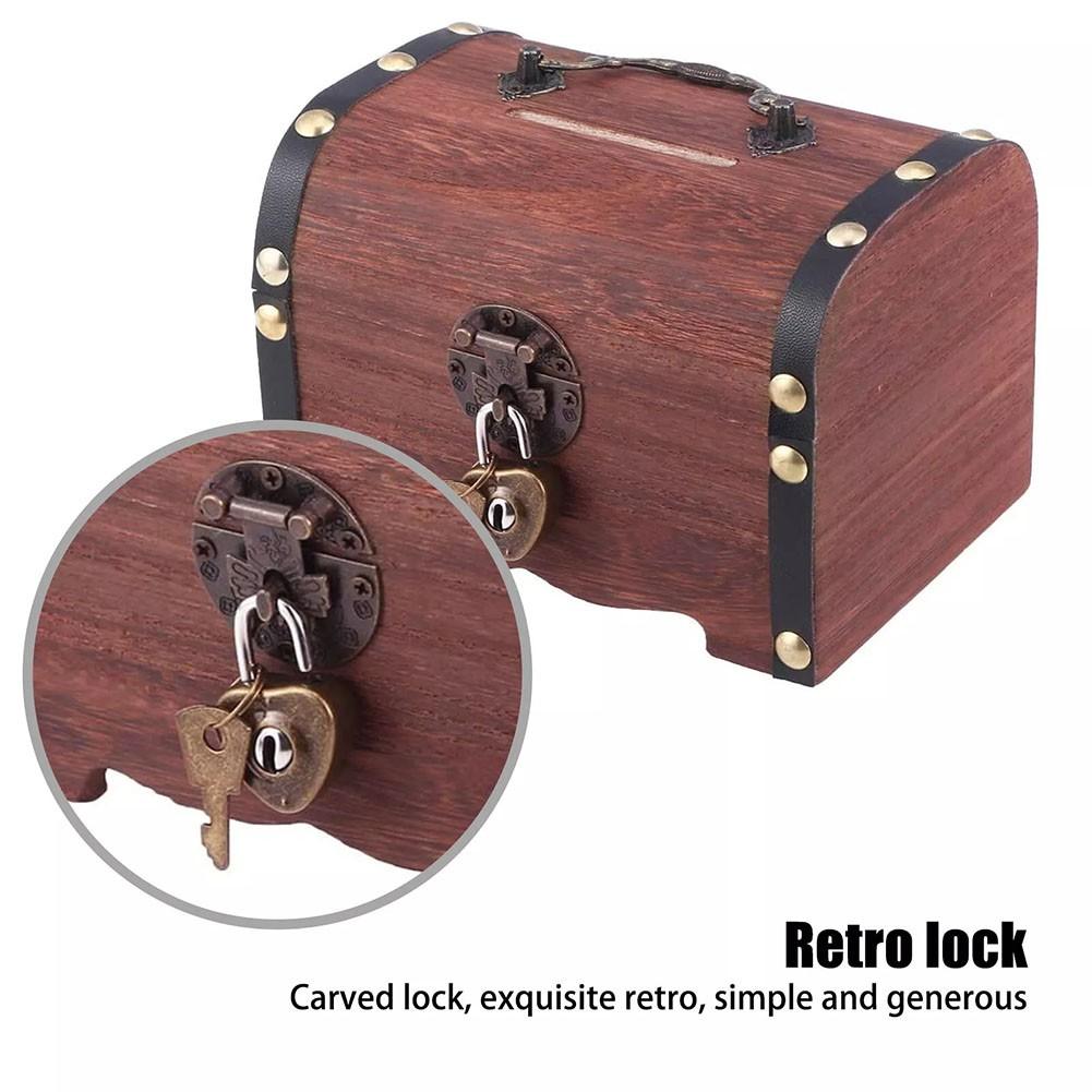 Decorative Storage Coin Box Piggy Bank Wooden Treasure Chest
