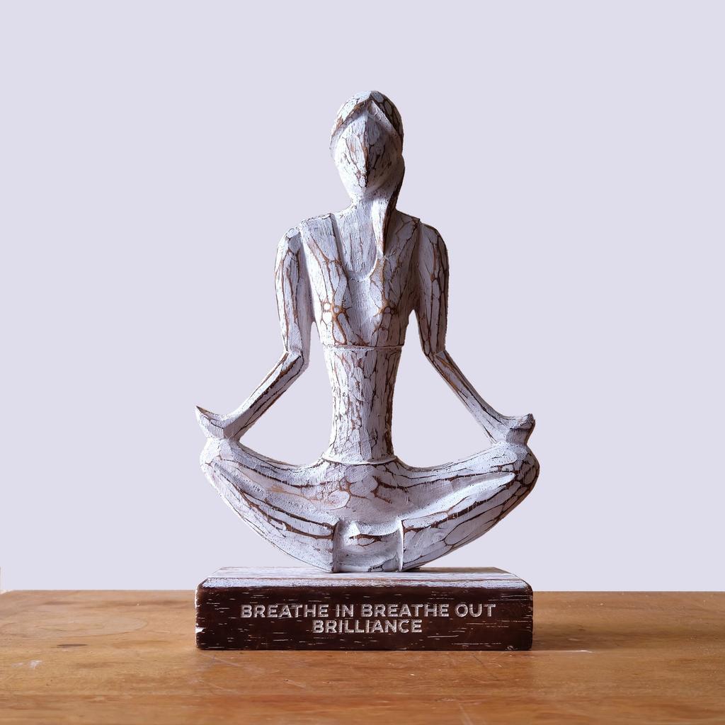 Wooden Yoga Sculpture Whitewashed Easy Pose Decor