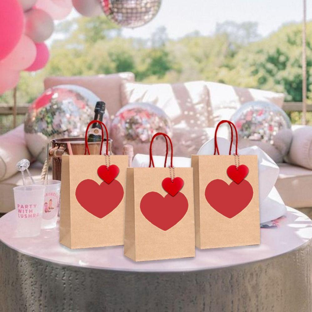 10/12pcs Red Heart Kraft Kraft Paper Gift Bags Handheld Candy Packaging Bag Wedding Party
