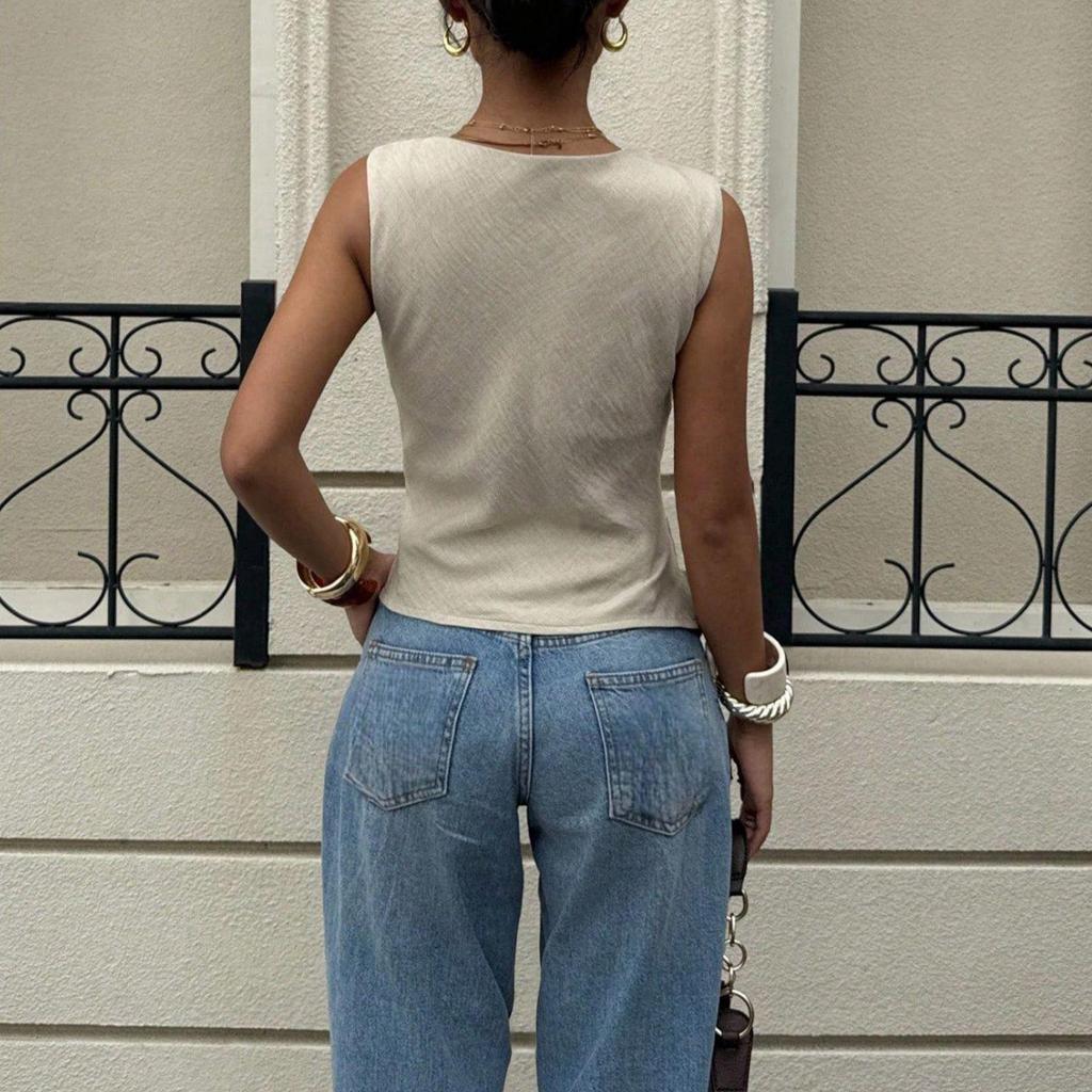 Damenmode Sommer Rollkragenweste Mit Dekoration Ärmelloses Hemd V-Ausschnitt Oberteil