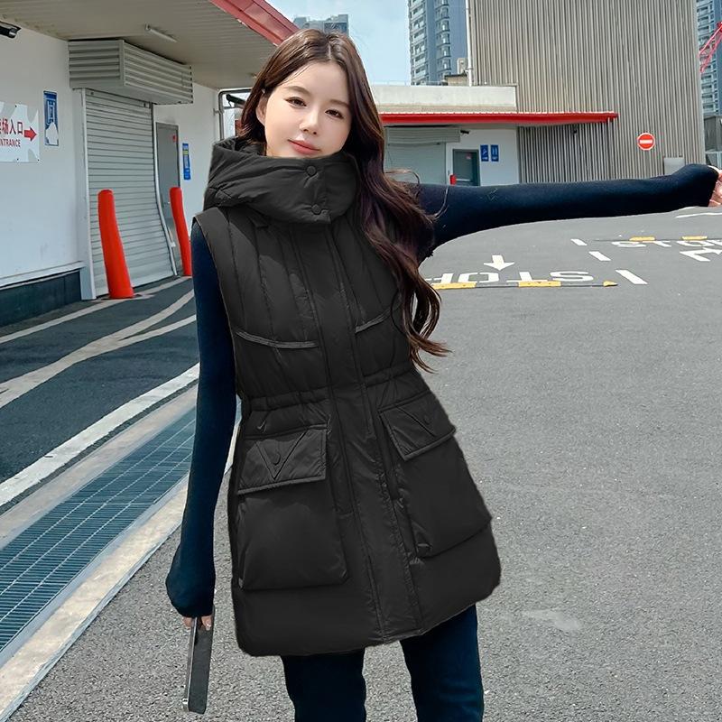 Women's down cotton medium and long cotton vest outer wear cotton vest loose warm waist drawstring vest
