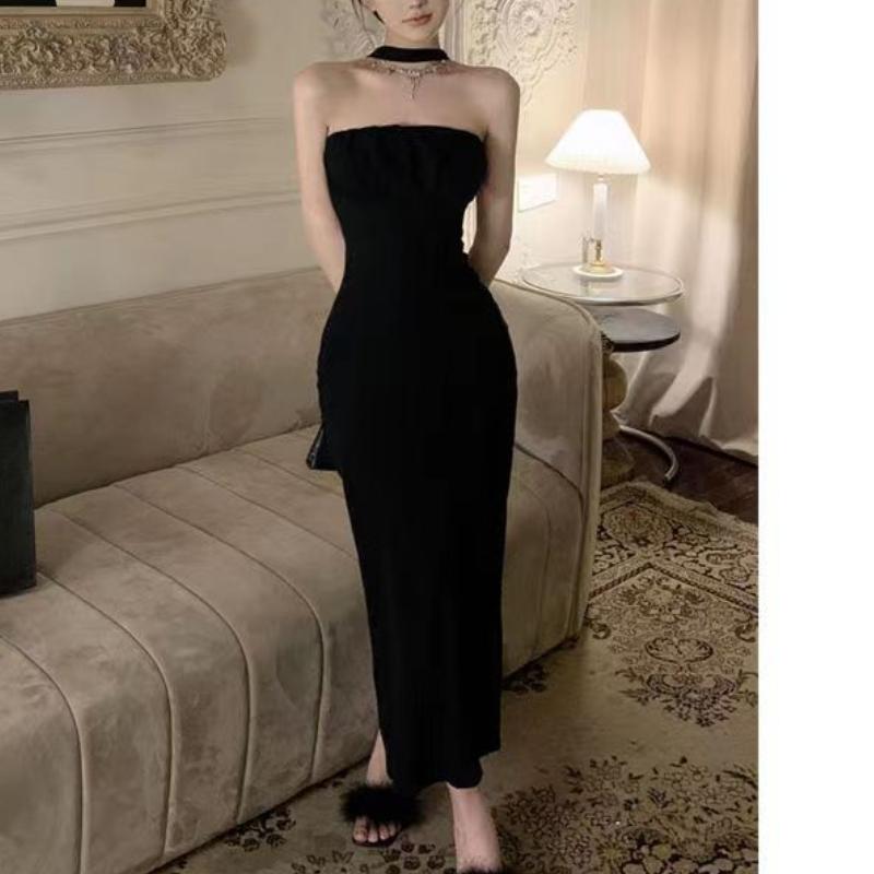 

GMXIA Черное платье-халтер Летнее платье чистого желания Сексуальное платье с бантом Маленькое облегающее платье-запа́х с разрезом на бедре L чёрный