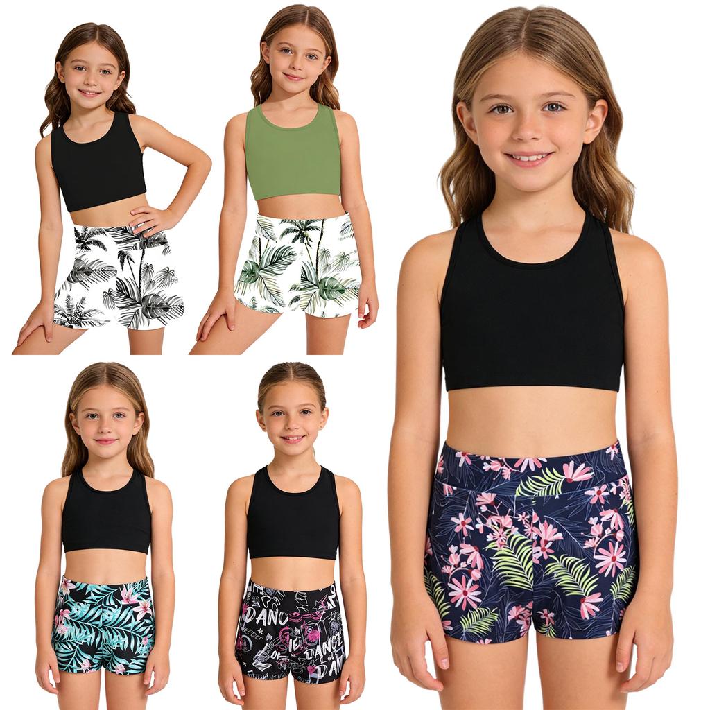 Costume da Bagno da Ragazza 3 Pezzi Top Corto Senza Maniche Schiena con Spalline Scollo Rotondo e Pantaloncini a Vita Alta Stampati con Slip per Piscina