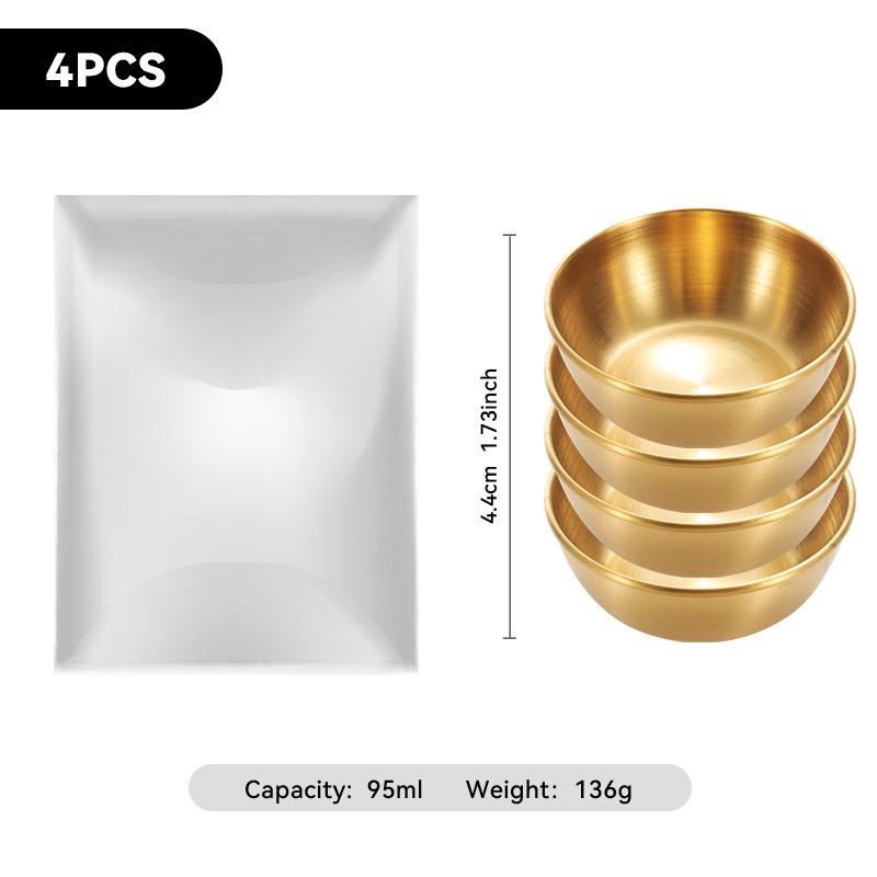 4-Piece Set of Gold 304 Stainless Steel Round Seasoning & Dipping Bowls for Soy Sauce