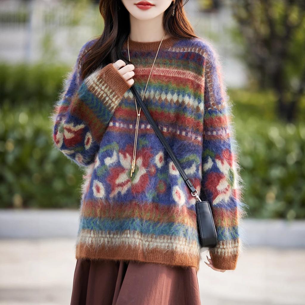 Autumn And Winter New Pulled Multi-Color Jacquard Crew-Neck Knitted Sweater Korean Lazy Style Loose Bottoming Top And Shirt