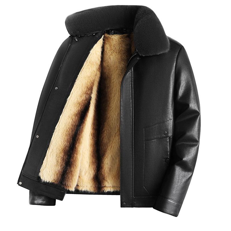 Herrläderjacka Ny Vinter Förtjockad Päls Krage Avtagbart Foder Plus Sammet Varm Läderjacka Pappa Läderjacka