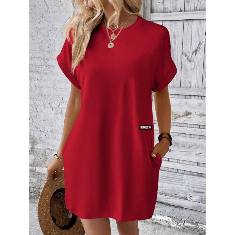 Women's Spring and Summer New Solid Color Round Neck Loose Short-sleeved Pocket Dress