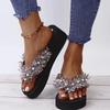 Fashion Women's Flip Flops Fashion Pearl Decor Thick Bottom Slippers Women Colorful Sequins Clip Toe Wedge Sandals Light Non Slip Slides