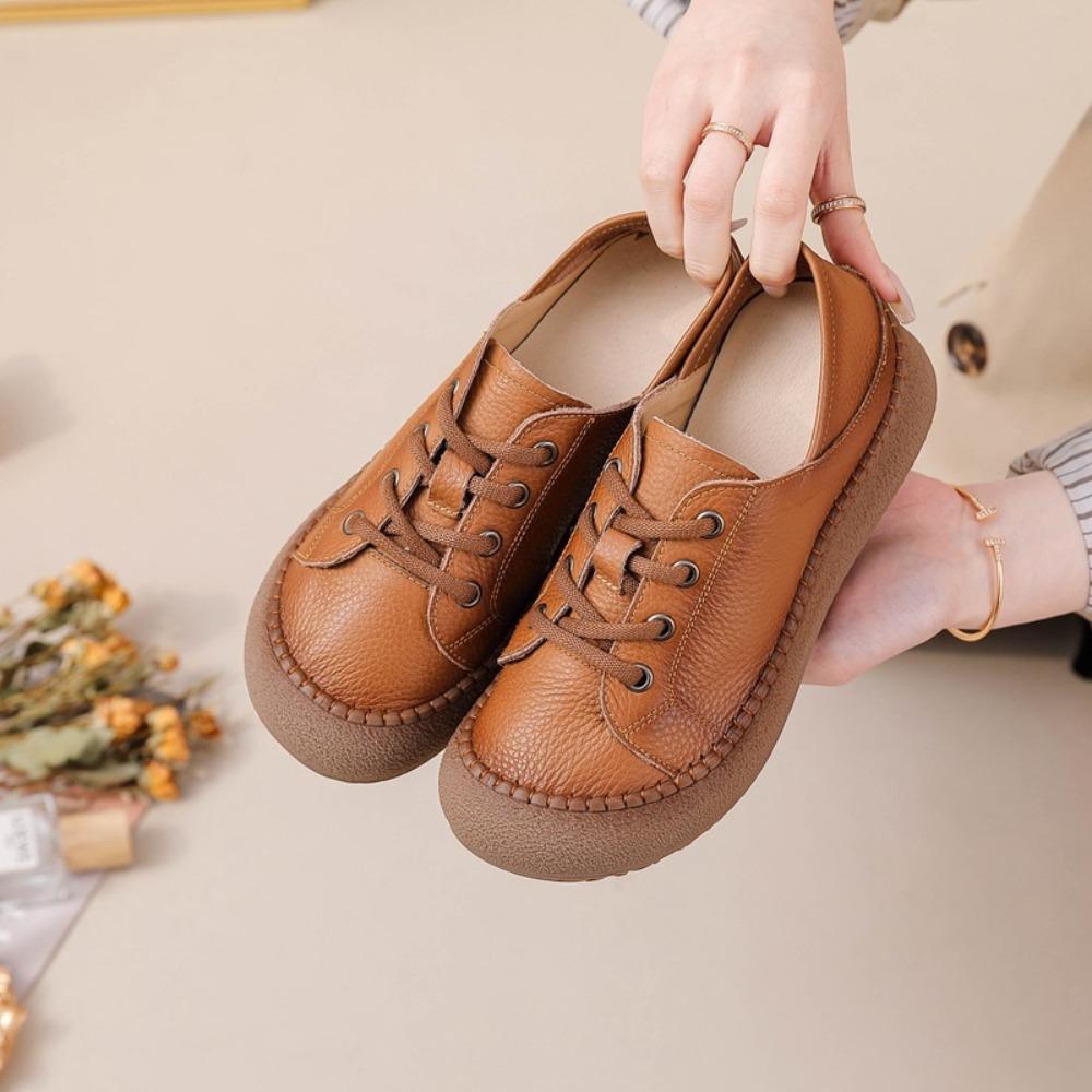 Genuine Cowhide Mom Shoes, Round Toe Versatile Casual Leather Shoes, Spring Summer Soft‑Sole Wear‑Resistant Flat Loafers for Women SA‑1011