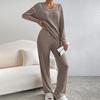 Women's Loose Knit Loungewear Set Long Sleeve V Neck Top Elastic Waist Wide Leg Pants