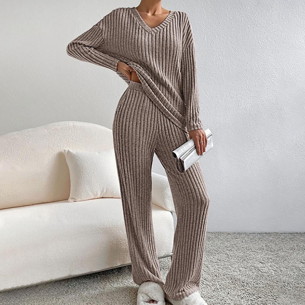 Women's Loose Knit Loungewear Set Long Sleeve V Neck Top Elastic Waist Wide Leg Pants