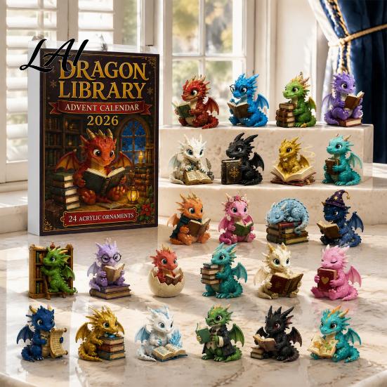 Süße Drachen Geschenksets Adventskalender 2026 24 Tage Buchliebhaber Weihnachten Countdown mit Acryl Bastelornamenten Mini-Drachen Fantasy Buchliebhaber
