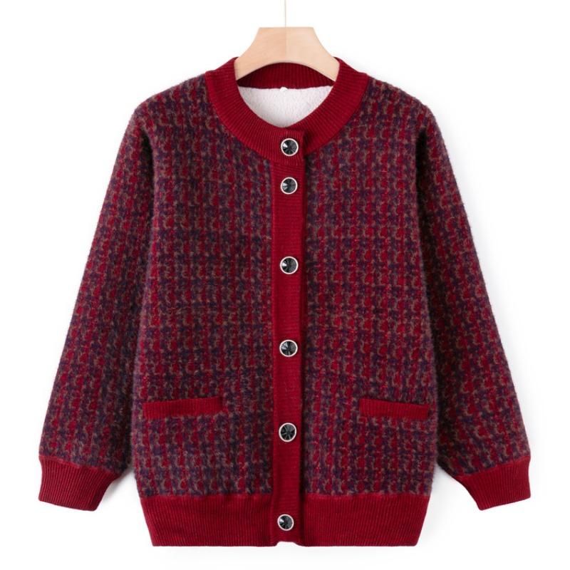 Middle-aged and Old Autumn and Winter Clothes Fleece Thickened Cardigan Sweater Female Mother Warm Knitted Sweater Jacket Elderly Grandma Clothes
