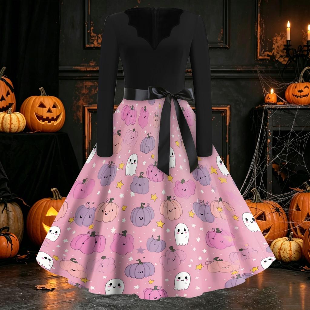 Women Casual Long Sleeve V Neck Vintage Dress Halloween Print Retro Style A Line Midi Dress with Waist Tie Belt