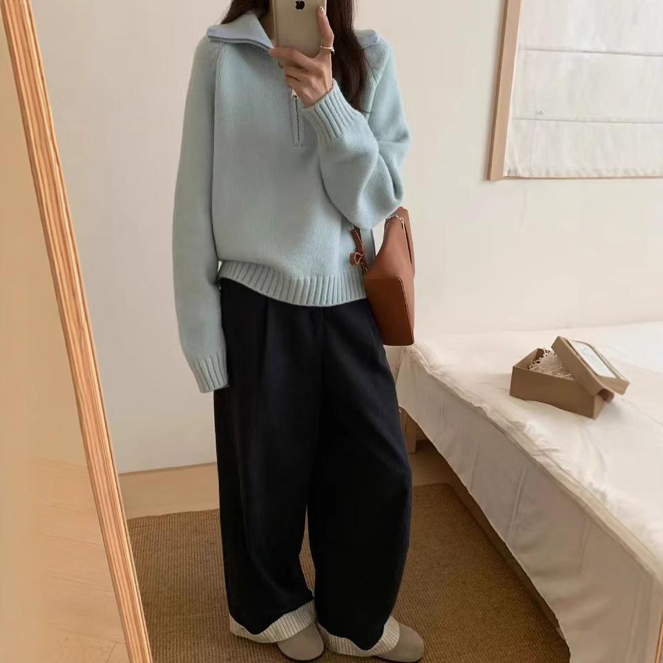 Half Zipper Lapel Knitted Pullover Sweater Women's Autumn and Winter High-end Sense New Lazy Soft Waxy Knitted Sweater Top