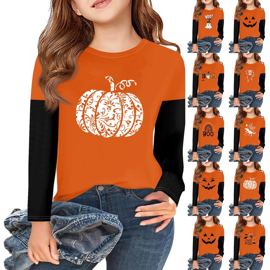 Girls Long Sleeve Halloween Day T Shirts Kids Fall Tops Crewneck Basic Tees 2-11Y