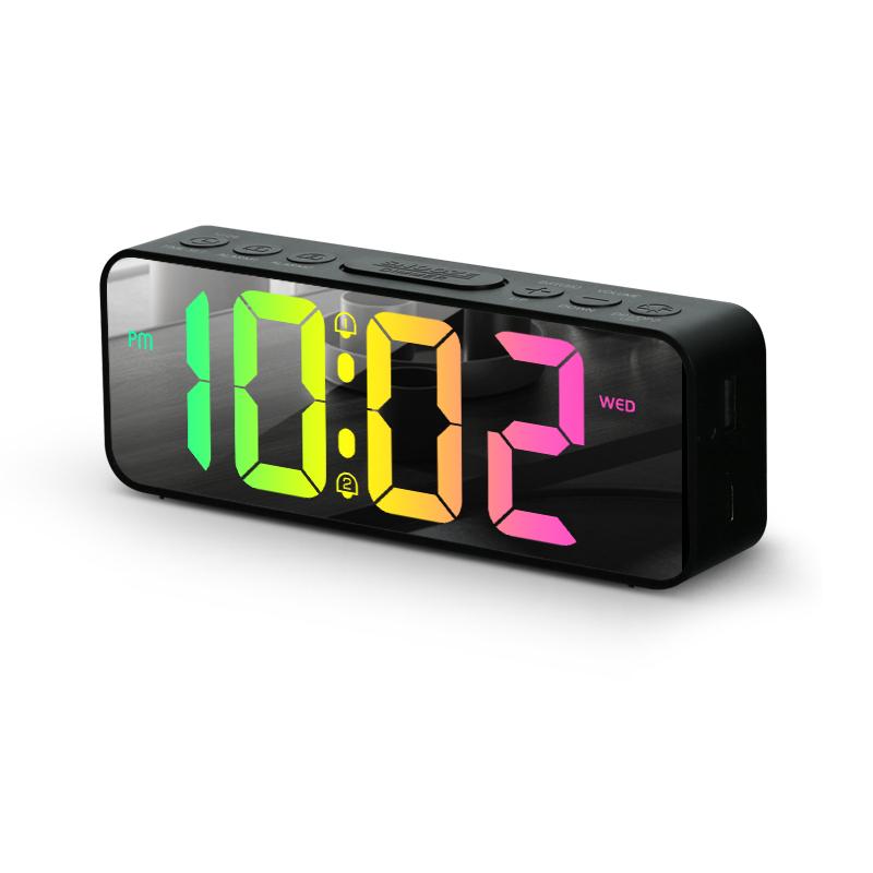

11 цветов RGB цифровой будильник с недельным летним временем и неограниченным повтором сигнала, настольные часы 12/24 ч., 2 будильника, ночной режим, выход USB, светодиодные зеркальные часы