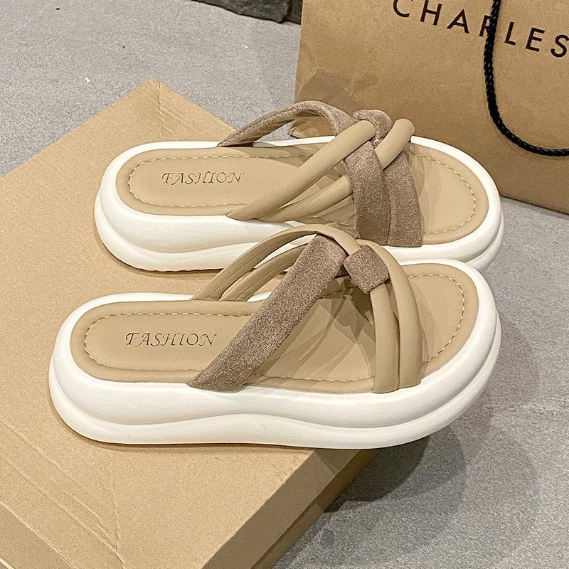 

Тонкие сандалии с перекрестными ремешками 2025 новая летняя повседневная пляжная обувь отпускные шлепанцы на толстой подошве 38 хаки