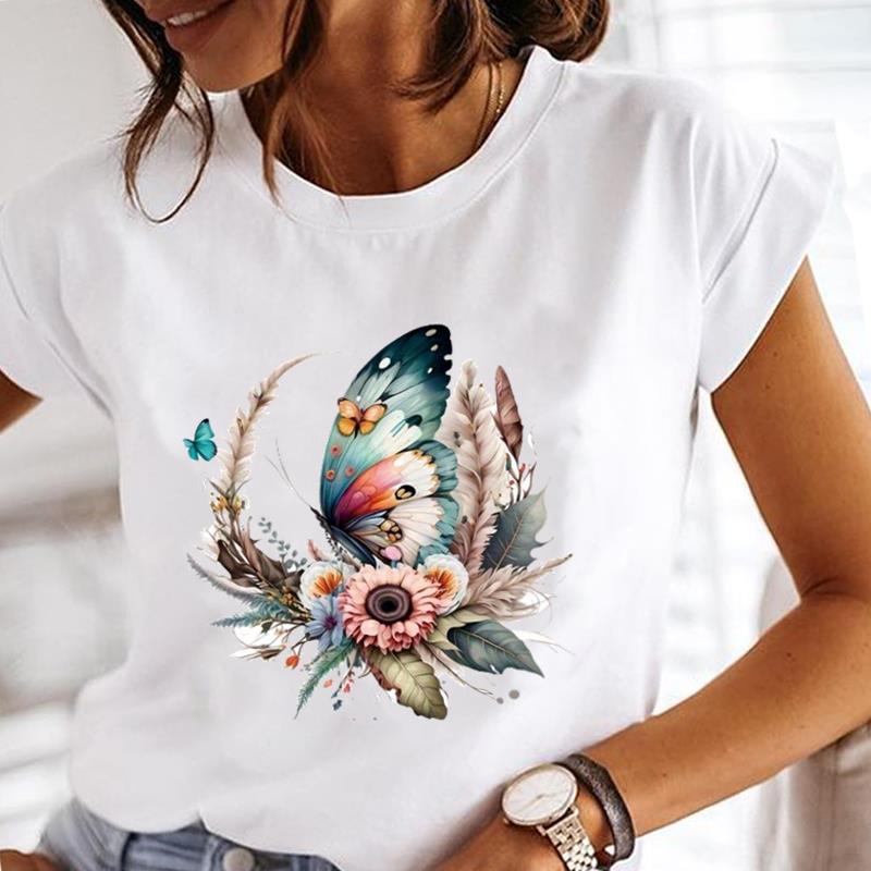 (Asian Size)  Tee Top Short Sleeve T Shirt cartoon butterfly style Women Clothing Casual Fashion Print Lady Female Graphic T-shirts