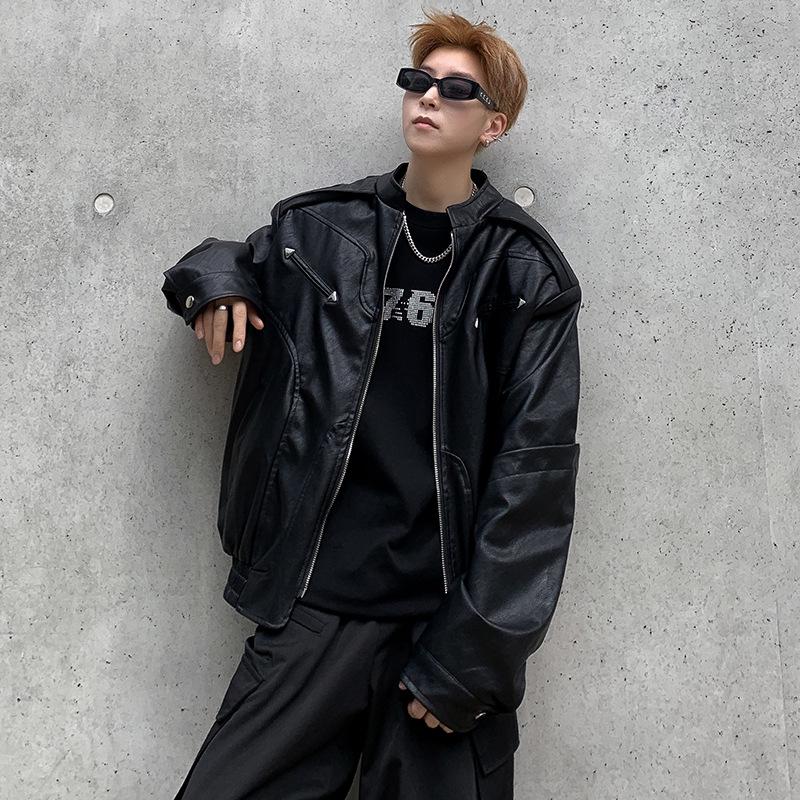 Men's High-End Short Leather Motorcycle Jacket - Trendy Spring/Autumn Street Style with Stand-up Collar