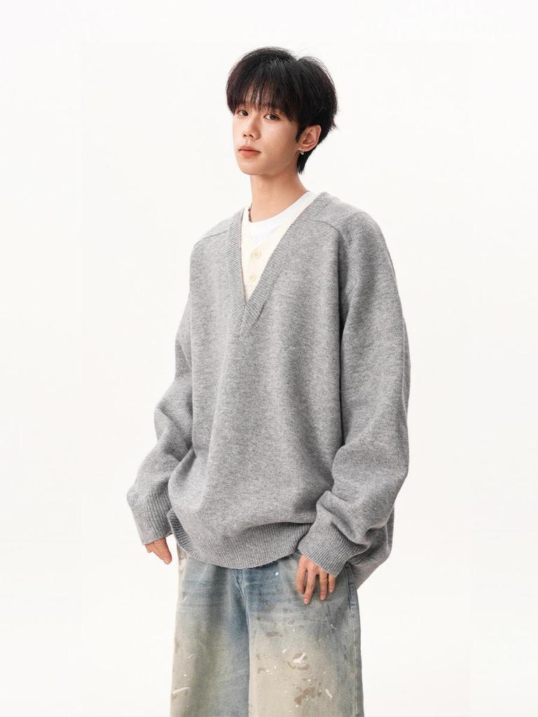 Men's Retro Deep V-Neck Henley Sweater - Autumn Style, High-End American Knitwear