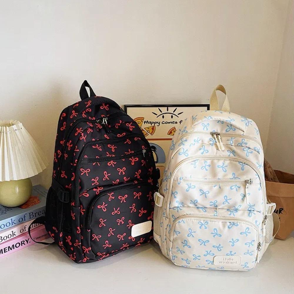 3 Pcs/Set Fashion Large Capacity Bow Backpack Nylon Adjustable Strap Student Backpack Bow Print School Bag