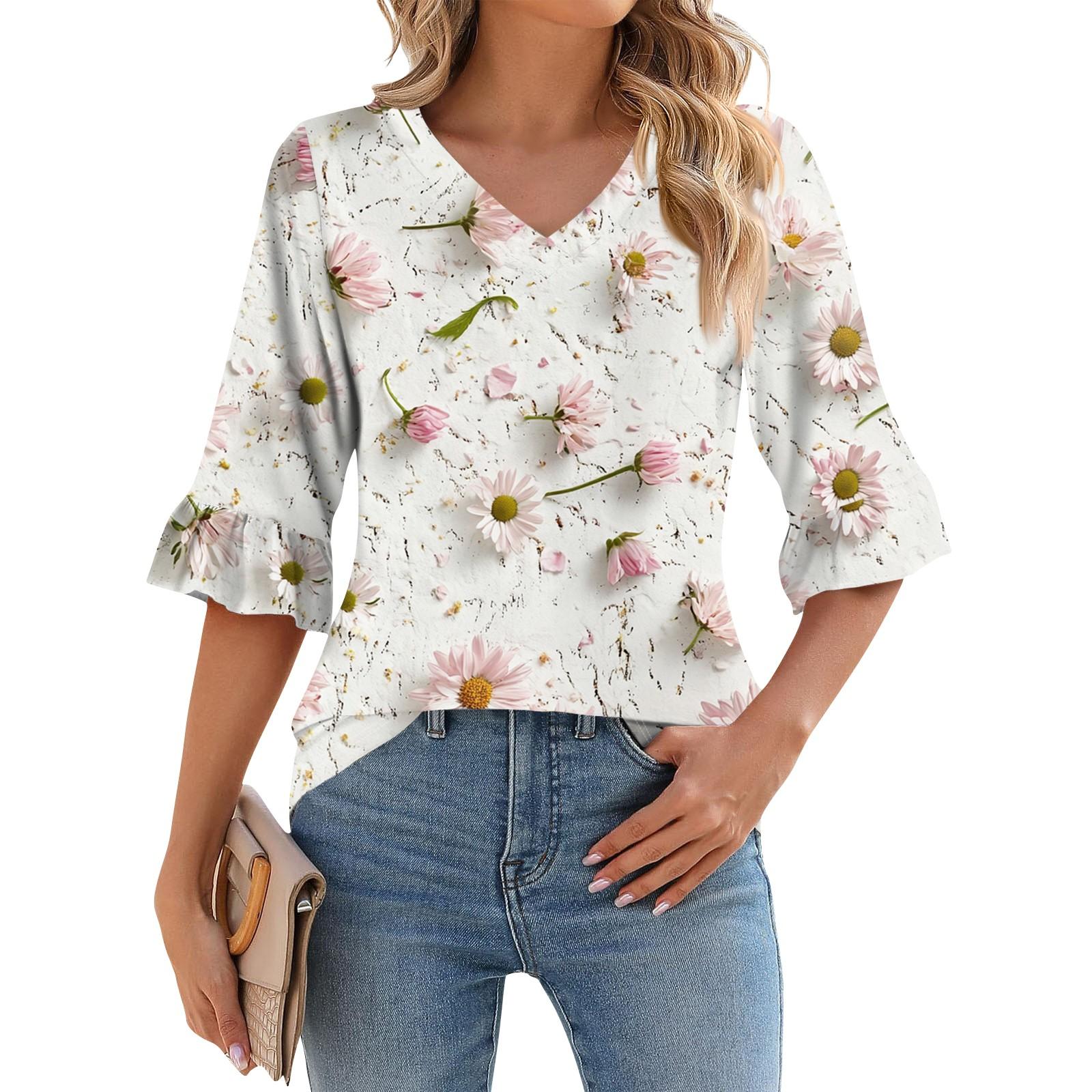 

Жіночий повсякденний топ з рукавом 3/4 Літня футболка з V-подібним вирізом та пишним рукавом Топ з гавайським принтом XL хакі