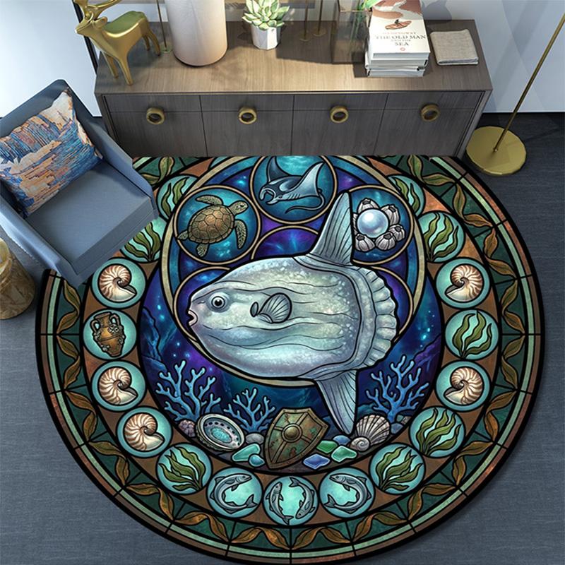Ocean Life Glass Round Area Rug Under Office Chairs Bedroom Living Room Home Decor