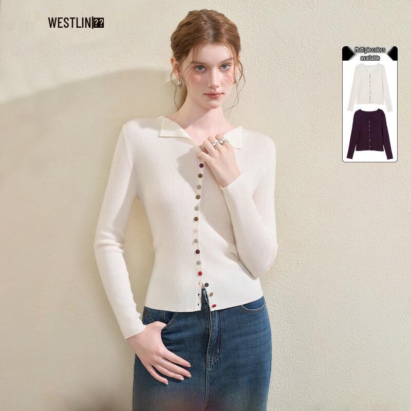 

Westlink Women s Soft Lapel Long-Sleeve Knitted Top with Colorful Buttons M