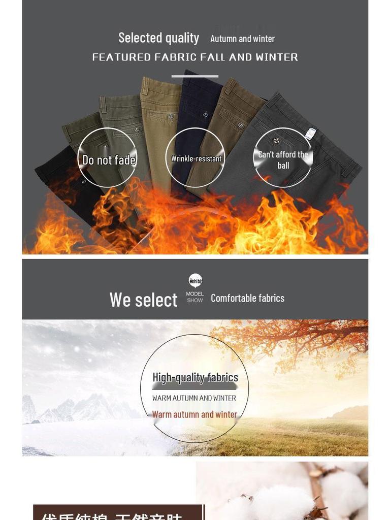 Men's Cotton Casual Pants - Autumn/Winter, Loose Fit, High Waist, Straight Leg, Middle-Aged To Elderly