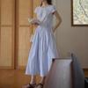 Blue Waist Skirt Simple Casual Short-sleeved Dress Female Summer Cotton A Line Skirt