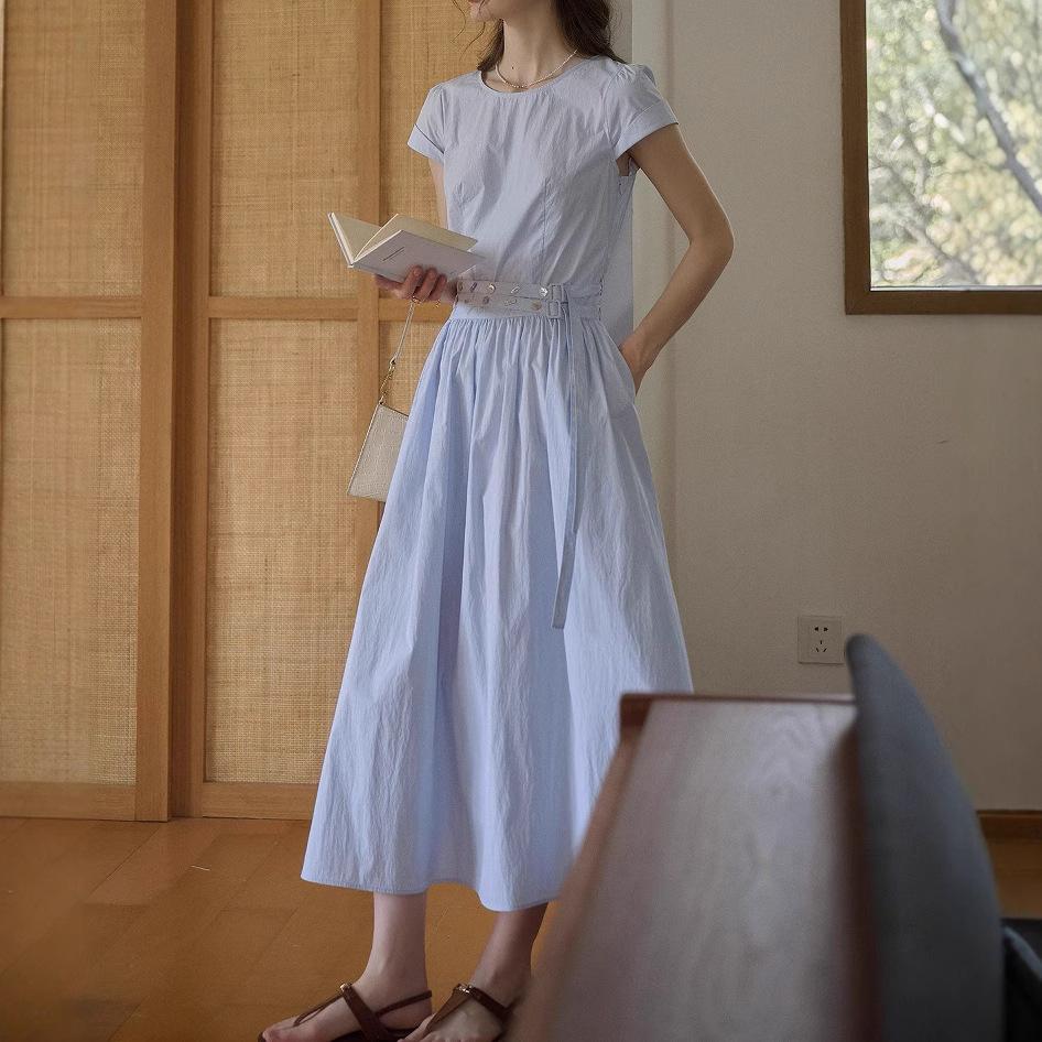 Blue Waist Skirt Simple Casual Short-sleeved Dress Female Summer Cotton A Line Skirt