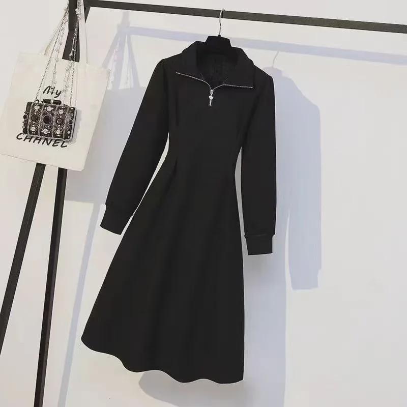 Dámské nadměrné pletené šaty na zip v korejském stylu - Hrubý samet, Jednobarevné, Ležérní podzimní/zimní dlouhá sukně