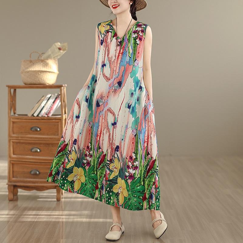 Sleeveless Plus Size Cotton Vintage Floral New In Dresses for Women Casual Loose Long Summer Dress