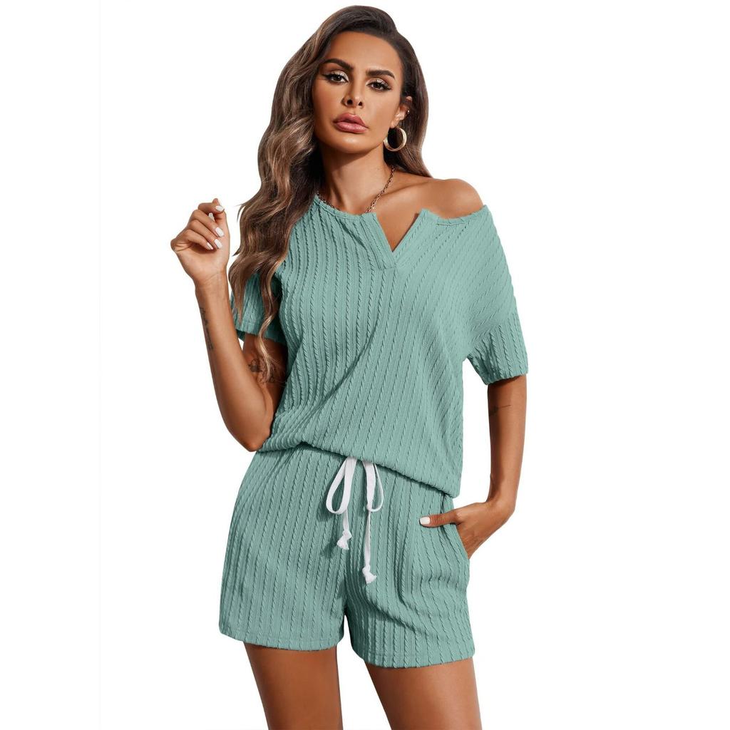 2026 Spring & Summer Women Knitted Jacquard Pajama Set, Short Sleeve & Shorts Two-piece Loungewear