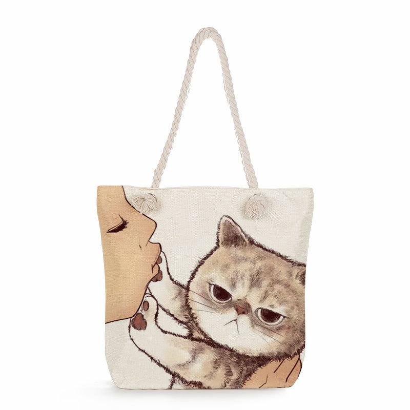 Multifunctional Cute cat Printed Thick Rope Shoulder Beach Bag 7584