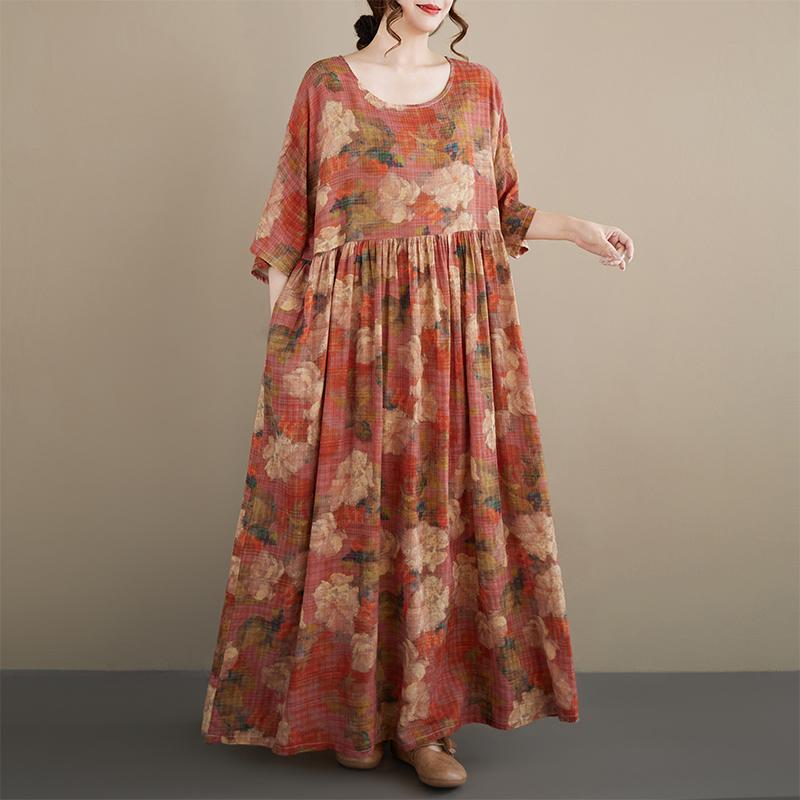 DIMANAF New 2026 Summer Beach Women Plus Size Lady Long Dress Loose Oversize Maxi Floral Print Vintage Cotton