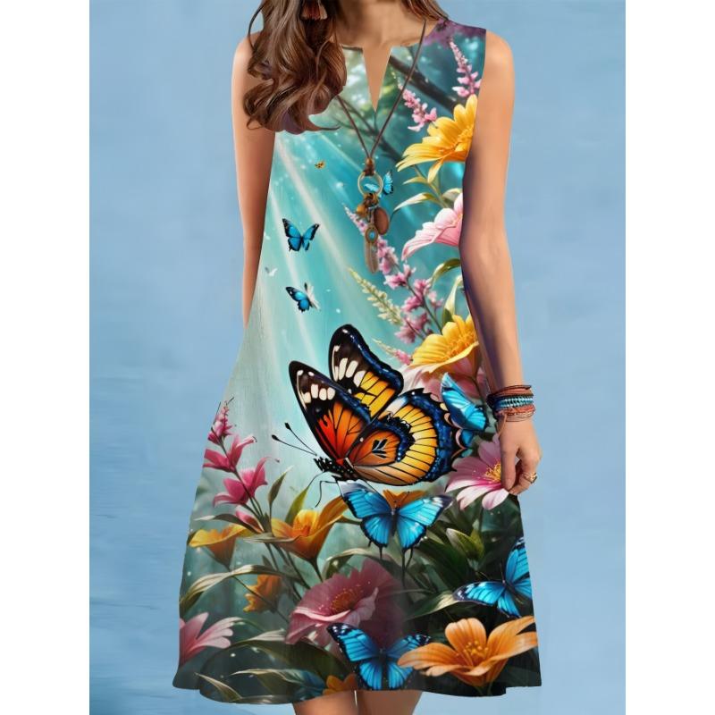 New Summer Beach Floral Print Dress For Women Casual Sexy Sleeveless V-neck Loose Mini Dress Elegant Short Dress Vestido