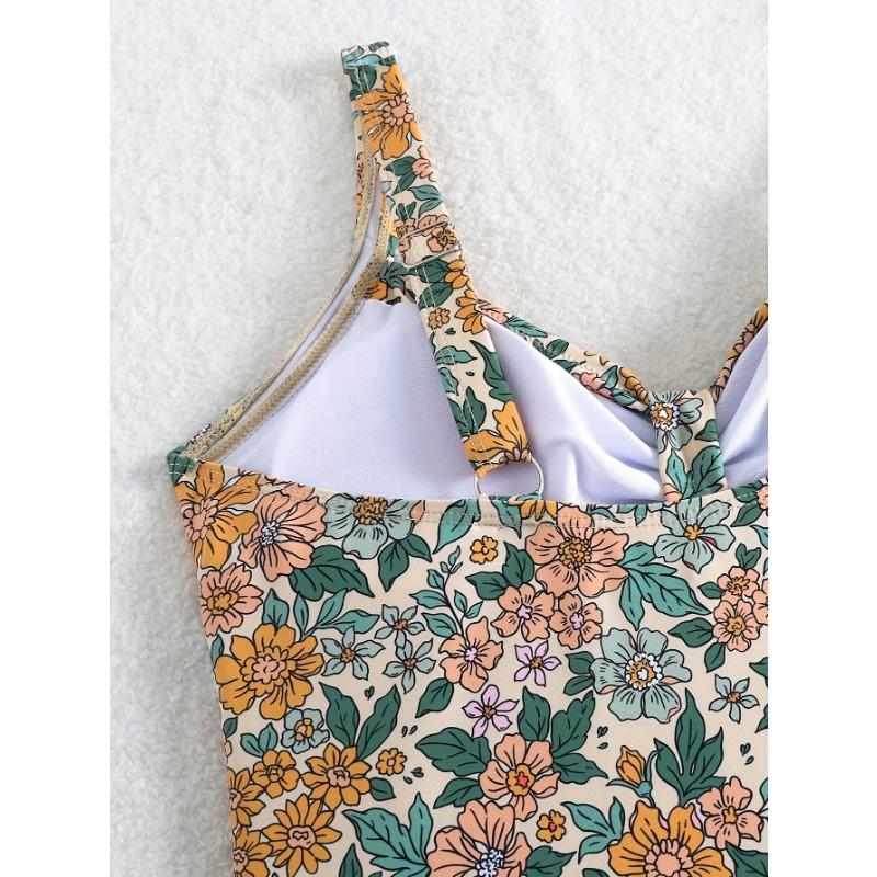 Traje de baño de una pieza con estampado floral vintage, cuello en V, control de abdomen, corte alto