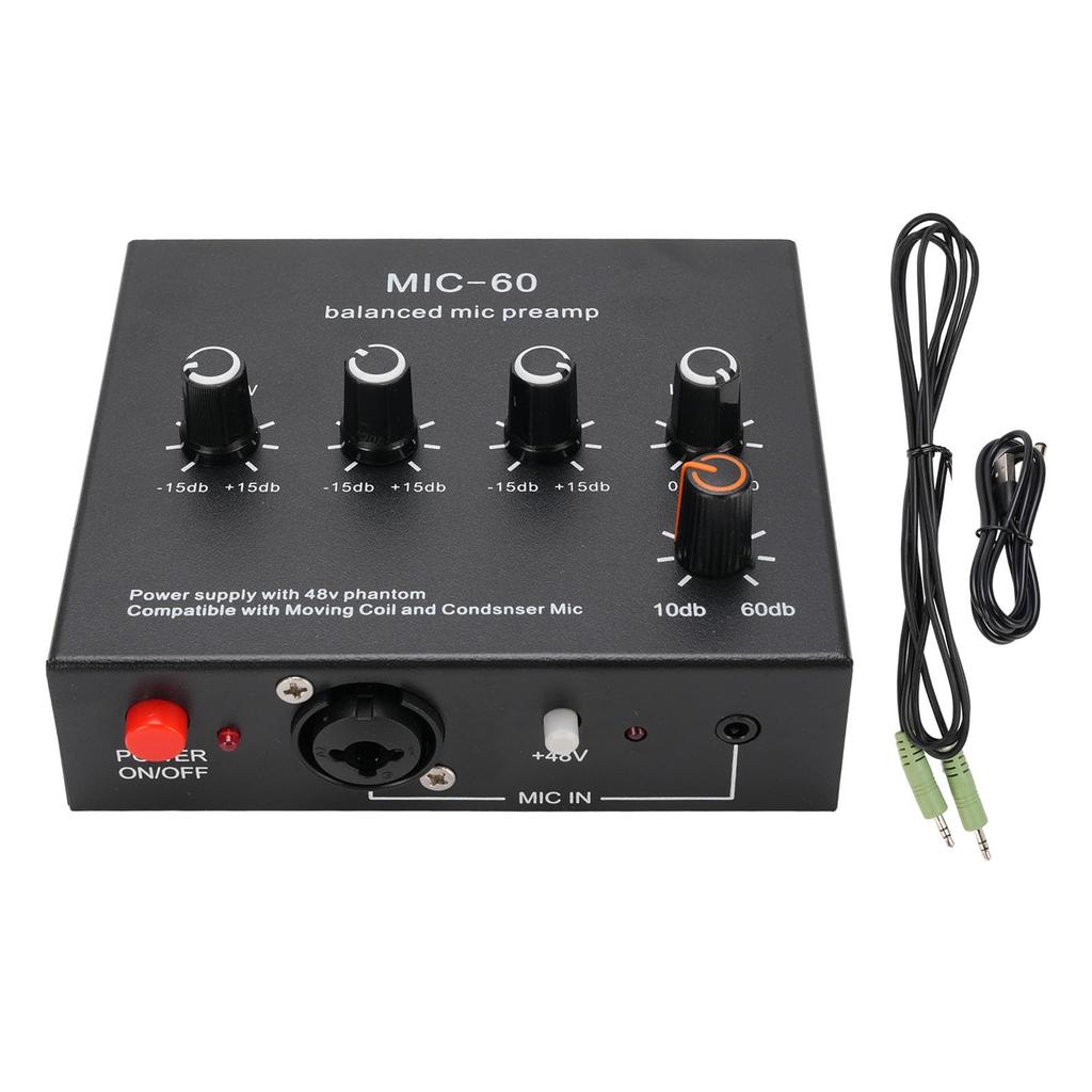 Microphone Home Audio Power Amplifier with 3 60dB Gain and 48V Phantom Small Stereo Audio Preamp for Dynamic and Condenser Microphones Sound