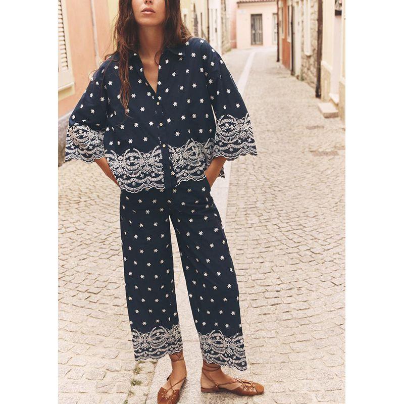 Embroidered High Waist Wide Leg Casual Trousers 3584837 Print Embroidered Trendy Casual Shirts 2435837