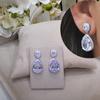 Round Top Halo + Big Pear Cut Center Cubic Zirconia Dangle Earrings Full Pave Frame Silver Tone Formal Banquet Ladies Accessories