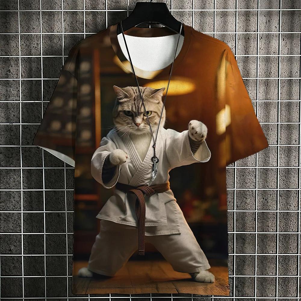 Cartoon Cat Men's T-Shirt Japanese Style Ukiyo-e Cat Printing T-Shirts Casual Loose Short Sleeve Tee Oversized Men Clothing Tops