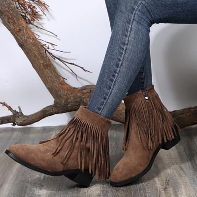 Fashion Boots Women Vintage Tassel Cowgirl Autumn Winter Fashion Pointed Toe Denim Ankle Boots Woman High Heels Pleated Western Booties