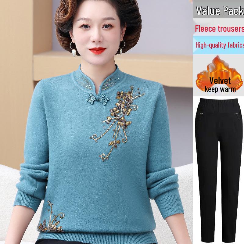Mom's Chinese Embroidered Top: Fashionable Plus Velvet Sweater for Middle-Aged & Elderly Women, Autumn/Winter Base Layer