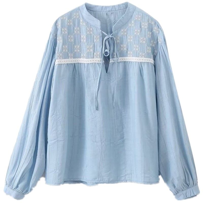 

Western Style 2024 Spring and Summer New Women clothes Slimming Versatile Embroidered round Neck Long sleeve Shirts 2298072 403 Blue L