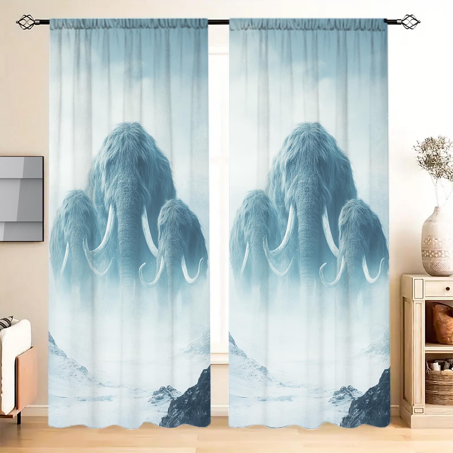 

Panels Mammoth Snow Pattern Window Curtains Heat Insulating Suitable Decorating Various Rooms Curtain Made Of Polyester Washable W100*H70(CM)-Grommet top&2PCS