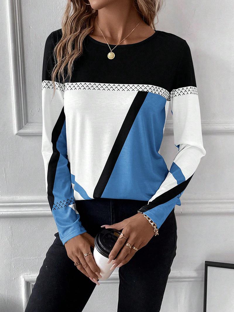 New Arrival Women s Pullover Round Neck Geometric Print Color Block T-shirt XXL небесно-голубой